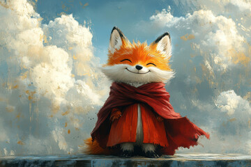 A cute smiling fox dressed in robes, wearing an oversized maroon cape that is blowing back from the wind, painted by children using watercolor paint on paper.