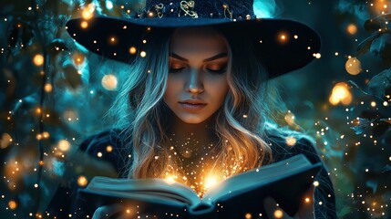 a captivating halloween witch, her spellbook aglow in her hands as twinkling bokeh lights dance arou