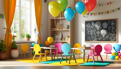 Vibrant children’s classroom filled with colorful chairs, chalkboards, and balloons, creating an inspiring environment for educational and creative activities.