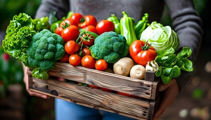 Wall Mural - Harvest bounty of fresh assorted vegetables in a wooden box, showcasing vibrant tomatoes, broccoli, lettuce, and bell peppers