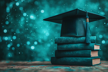 A stack of books with a cap on top of them