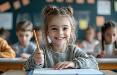 Poster - Young girl with joyful expression sitting at her desk in a classroom setting, surrounded by classmates, writing with a pencil in an educational environment