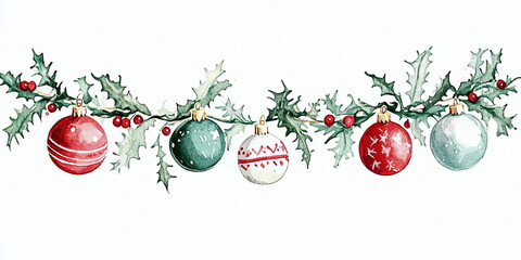 watercolor christmas ornament garland, in green, red, and white colors, clipart on white background