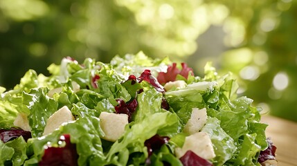 A close-up shot of a fresh green salad with croutons, lettuce, and a blurry background of green foliage.