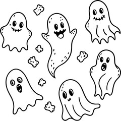 Sticker - Whimsical & Spooky Ghosts Floating Outline Vector