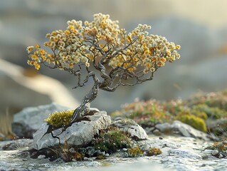 Poster - Delicate Tree Blossoms on a Rocky Landscape