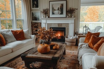 A welcoming farmhouse living room features comfortable sofas adorned with orange pillows, a rustic coffee table with pumpkins, and a roaring fireplace, all complemented by autumn views.