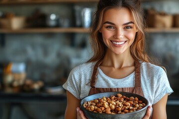 Smiling Woman Holding a Bowl of Mixed Nuts on a Clear, Transparent Background