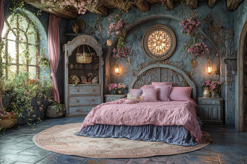 Poster - A child's bedroom styled as a princess's or knight's quarters, with themed decor and furnishings, creating a magical space. Concept of fantasy.