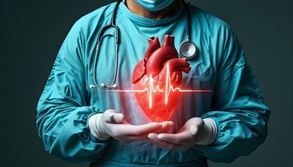 Surgical professional presenting a digital heart hologram with heartbeat wave, symbolizing advancements in medical technology and cardiology