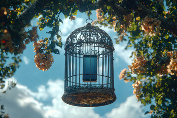 Poster - A birdcage hanging in the sky, but inside is not a bird, but a smartphone, showing how technology confines us. Concept of digital addiction and loss of freedom.