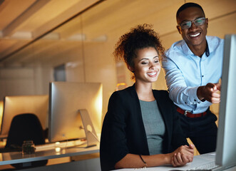 Poster - Business woman, man and night with computer, management and review in web design internship. Colleagues, technology and working late on project deadline for digital agency, coworking space and office