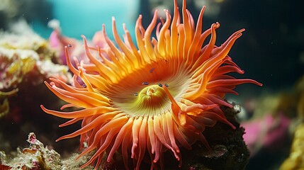 Canvas Print - A close-up of an orange sea anemone with its tentacles extended, with tiny fish swimming nearby, in the ocean.