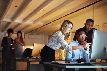 Wall Mural - Business woman, men and night with computer, management and review in web design or teamwork. Colleagues, technology and working late on project deadline for digital agency, coworking space or office