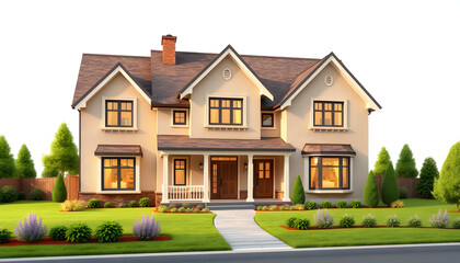 New single family house, exterior view - 3d illustration isolated with white highlights, png