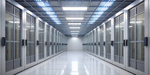 Server Room Corridor with Metal Doors and Grid Ceiling, server room, data center, technology