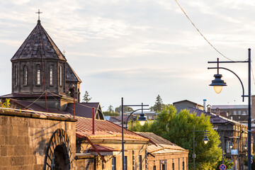 skyline of old town of Gyumri city at sunset