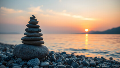 Stones pyramid on the seashore at sunset isolated with white highlights, png