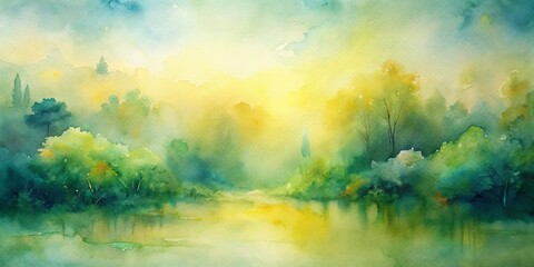 Wall Mural - Watercolor Landscape with Green Trees and a Stream, Watercolor, Digital Art, Nature, Nature , Landscape, Artwork