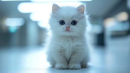 A fluffy white kitten with blue eyes sits adorably in a softly lit corridor.