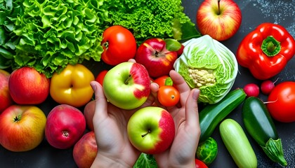 Poster - Colorful display of fresh fruits and vegetables held in hands, symbolizing a commitment to a healthy lifestyle and nutritious eating choices