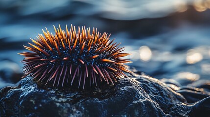 Wall Mural - A close-up of a spiny sea urchin on a rocky shore, with the ocean waves and sunlight in the background.