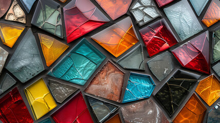 Poster - A vibrant collection of glass tiles features an array of colors and shapes, artistically arranged to create a dynamic mosaic. The shiny surfaces reflect light beautifully, showcasing artistry.