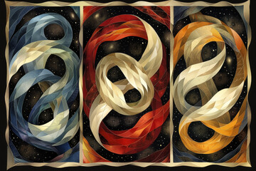 Poster - This artwork showcases three panels adorned with swirling, intertwining shapes in shades of blue, red, and gold