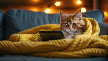 Wall Mural - Ginger cat snuggled in a yellow blanket, captivated by a tablet during a cozy evening on a plush couch