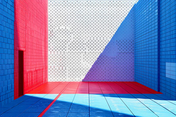 Poster - A vibrant, geometric interior features bold red and blue walls contrasted against white brick. Sunlight casts sharp shadows, enhancing the visual impact of this unique design.