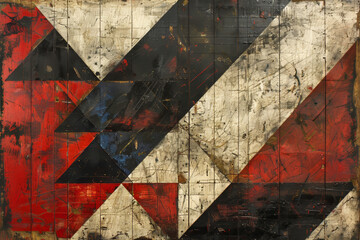 Poster - An abstract mural features geometric shapes in red, black, and white, painted on a weathered wooden background, showcasing a blend of modern art and rustic aesthetics.