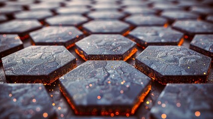 Poster - Hexagonal tiles arranged in a close-up view exhibit intricate patterns and glowing edges, creating a visually striking texture perfect for design inspiration or abstract art.