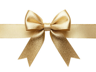 A beautifully crafted golden ribbon bow sits atop a matching satin ribbon, ideal for wrapping gifts on special occasions such as birthdays and holidays