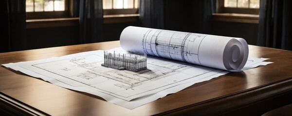 Architectural blueprint laid out on a wooden table with a 3D model, showcasing design plans in a well-lit workspace