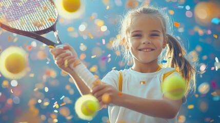 A young girl is playing tennis and smiling