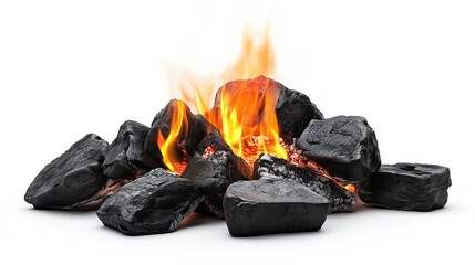 Wall Mural - side view on one single smoldering burning coals pile isolated on white background