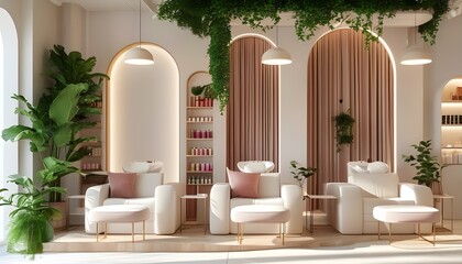 Wall Mural - Luxurious cozy manicure salon with stylish seating, indoor plants, and minimalist decor creating a relaxing atmosphere