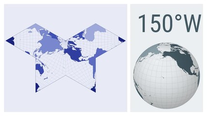 Poster - World Map Animation. Collignon butterfly projection. Colored continents style. Animated world map in Polyhedral Collignon projection. Loopable animation showing longitude shift and matching globe.