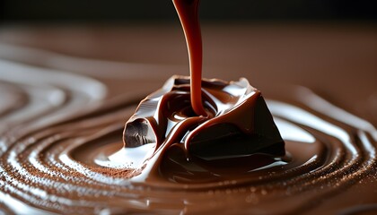 Indulgent close-up of molten chocolate cascading into ripples, capturing the essence of dessert preparation and rich food photography