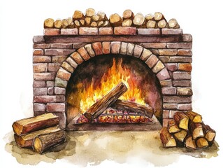 Canvas Print - Watercolor painting of a brick fireplace with fire.