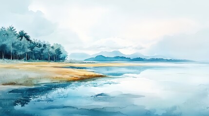 Wall Mural - Watercolor painting of a serene lake scene.