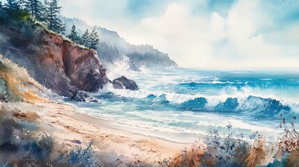 Wall Mural - Watercolor painting of a beach and ocean.