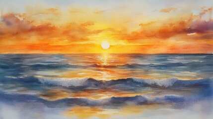 Wall Mural - Watercolor painting of a sunset over the ocean.