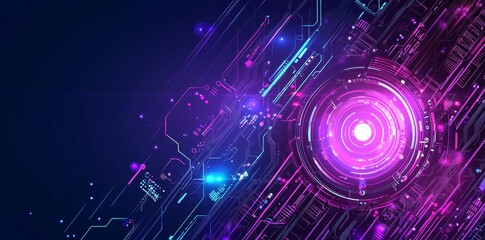 Future tech artwork and background featuring a futuristic digital HUD with grid line digital pattern in dark blue purple hues.