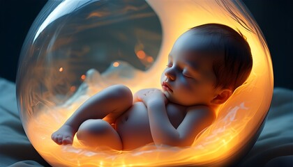 Wall Mural - Nurturing warmth and innocence in a glowing womb with an infant nestled in a translucent sphere of comfort and calmness