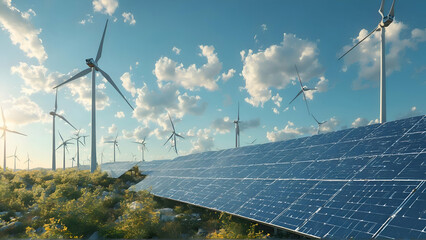 solar panels and wind turbines on summer