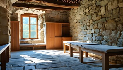 Wall Mural - Sunlit rustic monks cell with stone walls and wooden furniture, embodying spiritual retreat, solitude, and minimalist living in a historical monastery