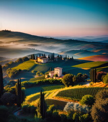 Wall Mural - Sunrise Over Vineyards in Tuscany, Italy