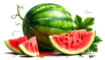 Vibrant illustration of a whole watermelon with a juicy slice, embodying summer freshness and healthy eating, perfect for print and design elements on a clean white background.