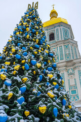 Yellow and blue national Ukranians colors on Christmass Tree in Sant Sophia square in Kyiv, Ukraine
